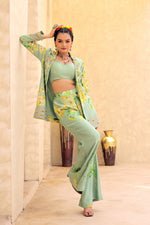 Elegant PistaGreen Printed Blazer With Pant Set