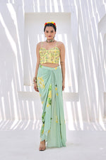 Elegant Pista Green Printed Draped Skirt With Corset
