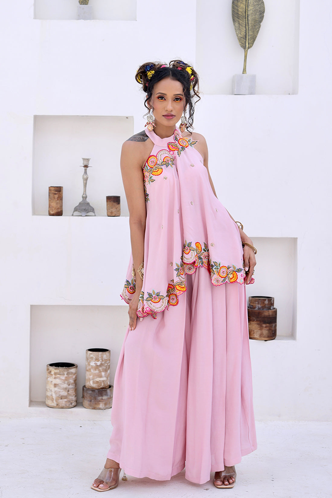 Baby Pink Embroidery Top With Plazzo Set