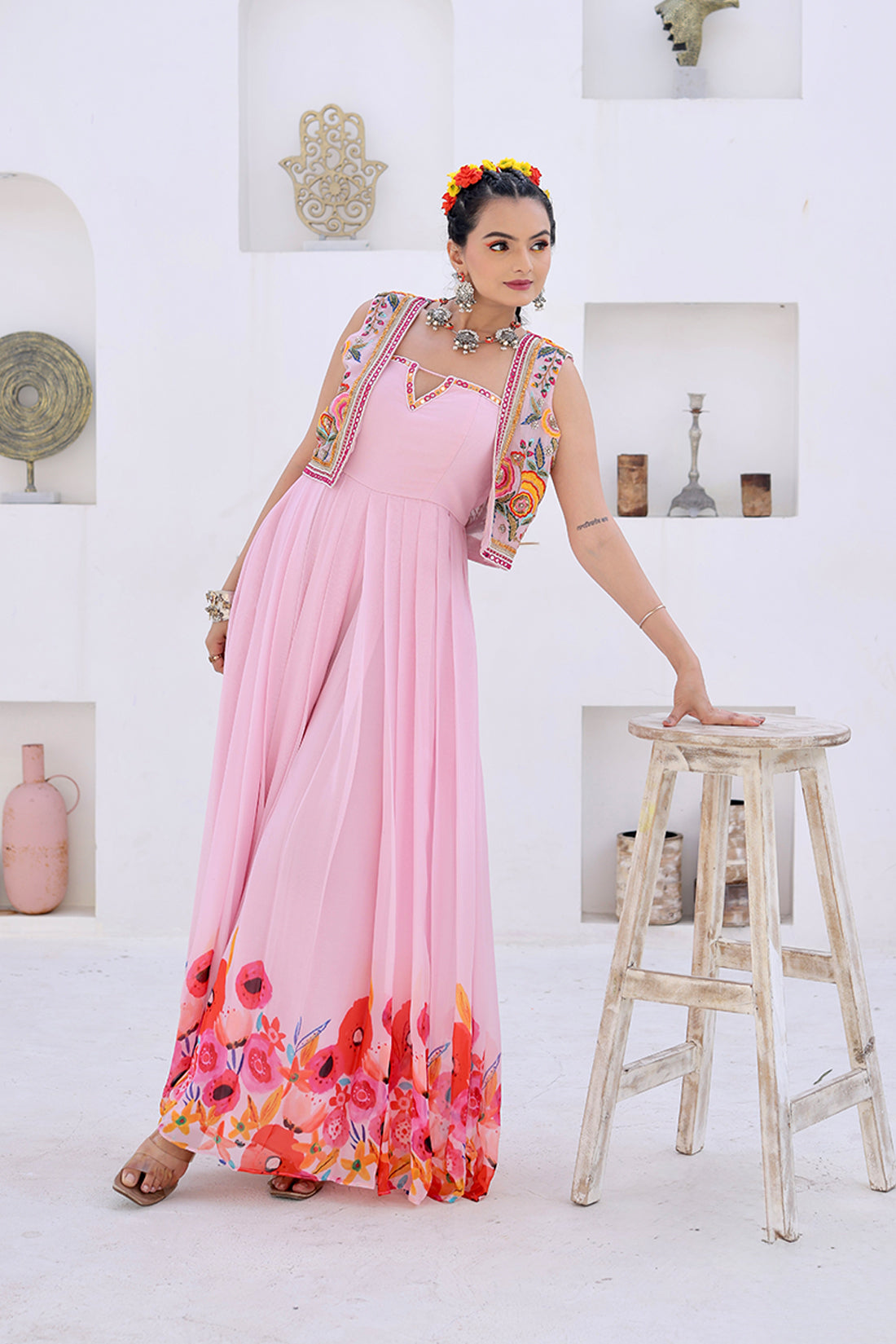 Baby Pink Printed Jumpsuit With Jacket