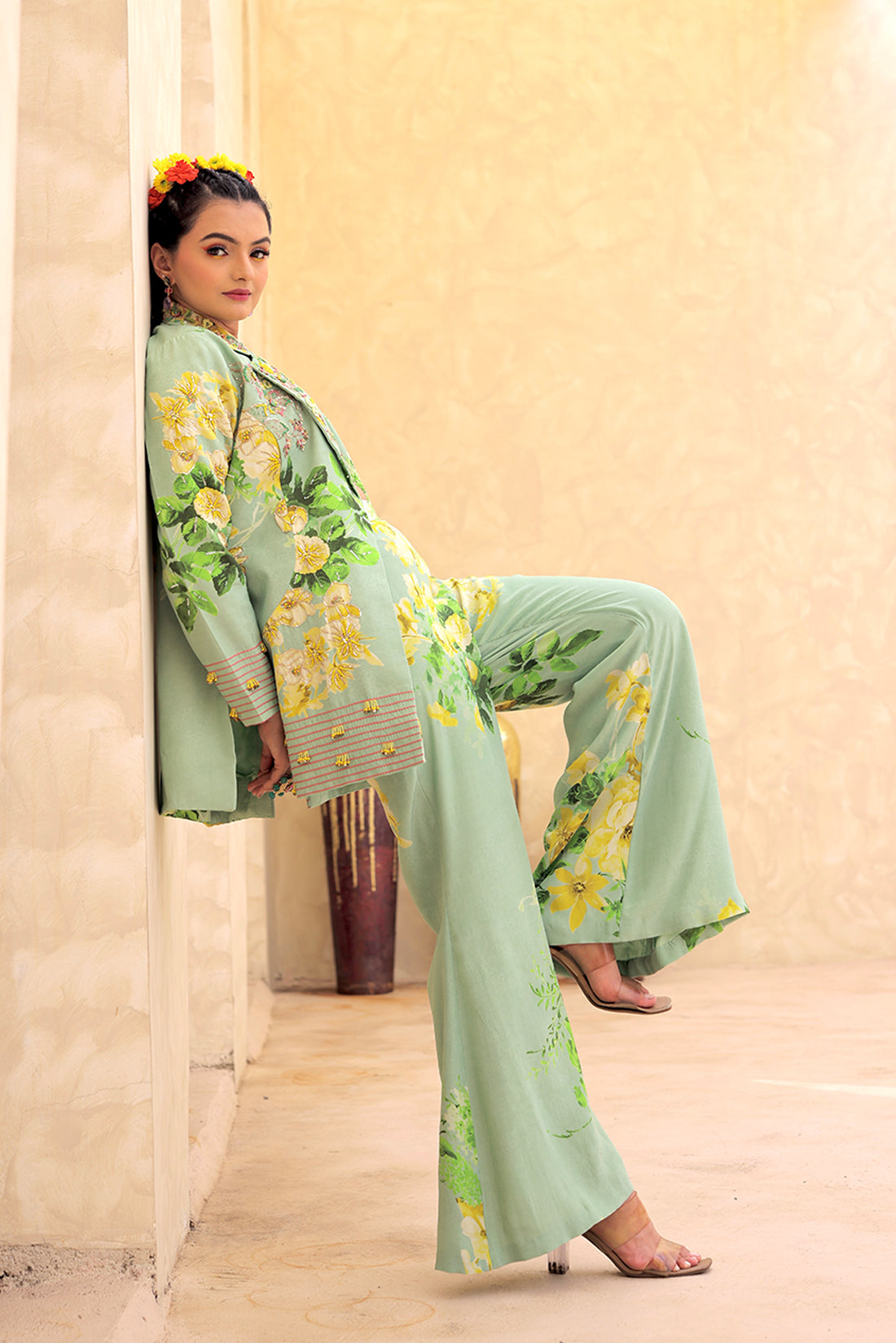 Elegant PistaGreen Printed Blazer With Pant Set
