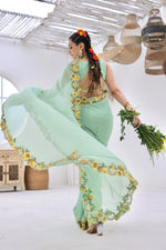 Elegant Pista Green Saree With Printed Blouse
