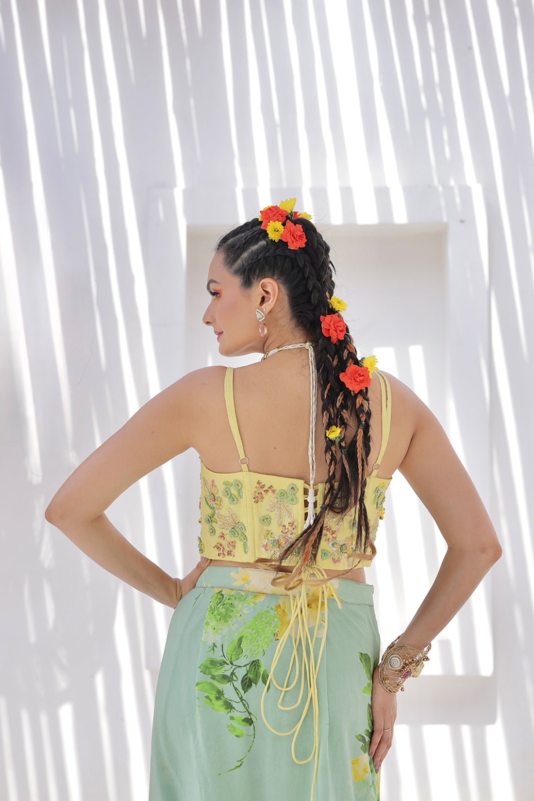 Elegant Pista Green Printed Draped Skirt With Corset