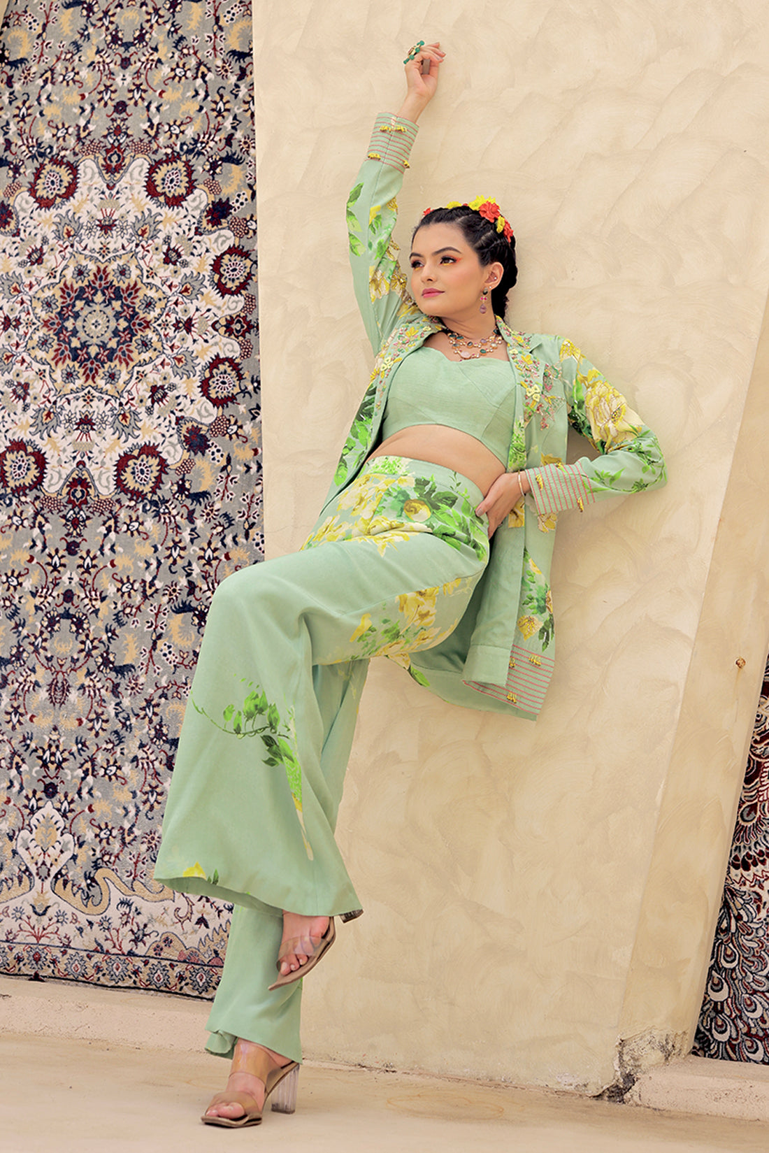 Elegant PistaGreen Printed Blazer With Pant Set