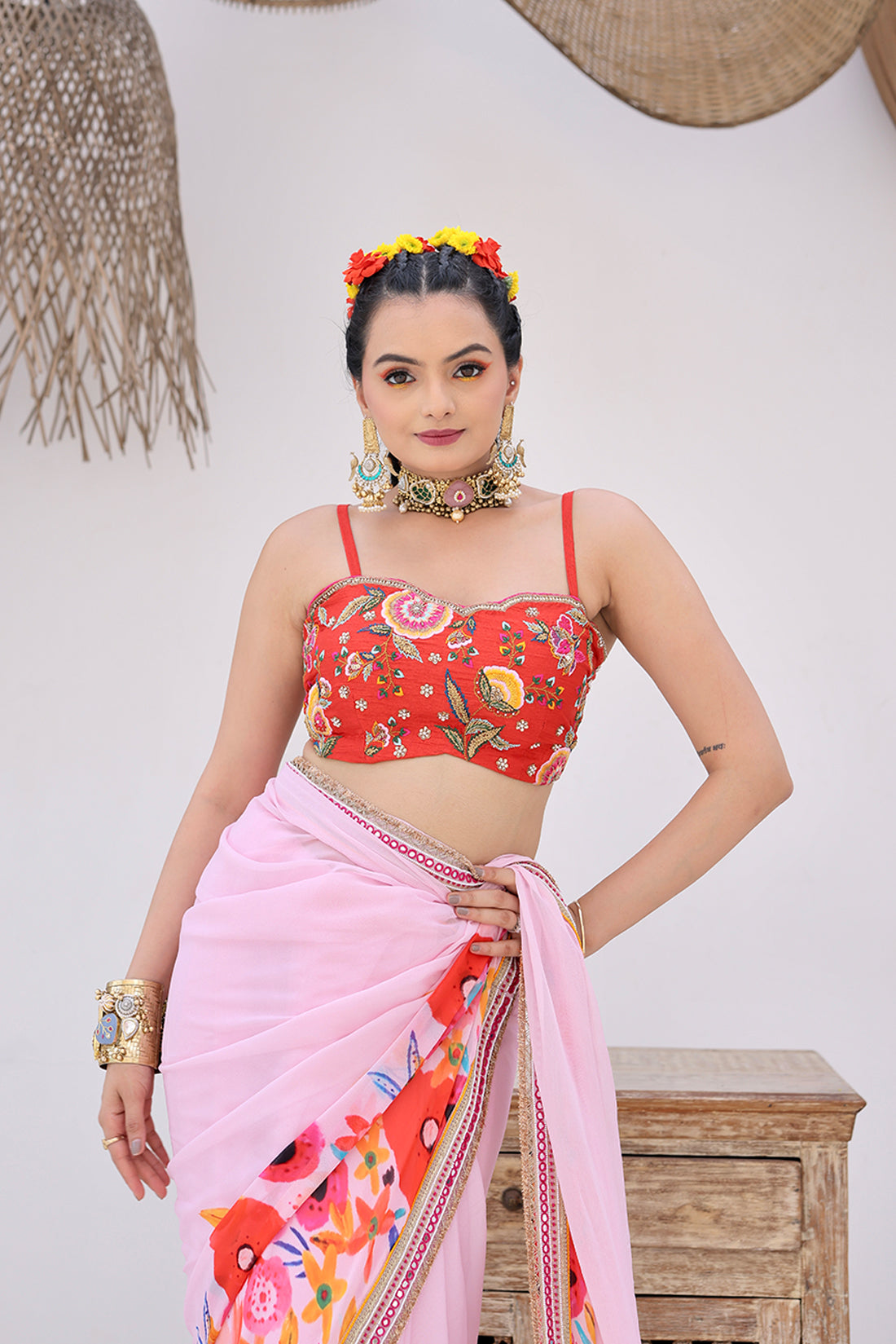 Elegant Baby Pink Printed Saree With Blouse