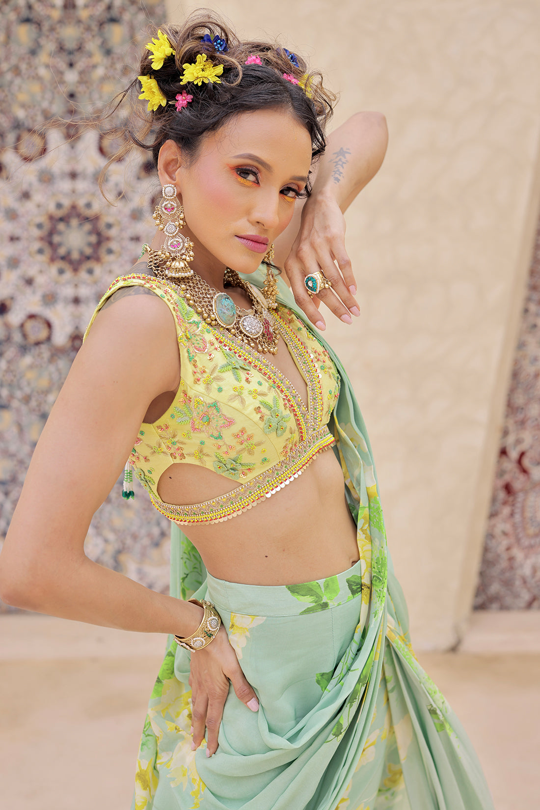 Elegant Pista Green Printed Draped Saree With Blouse