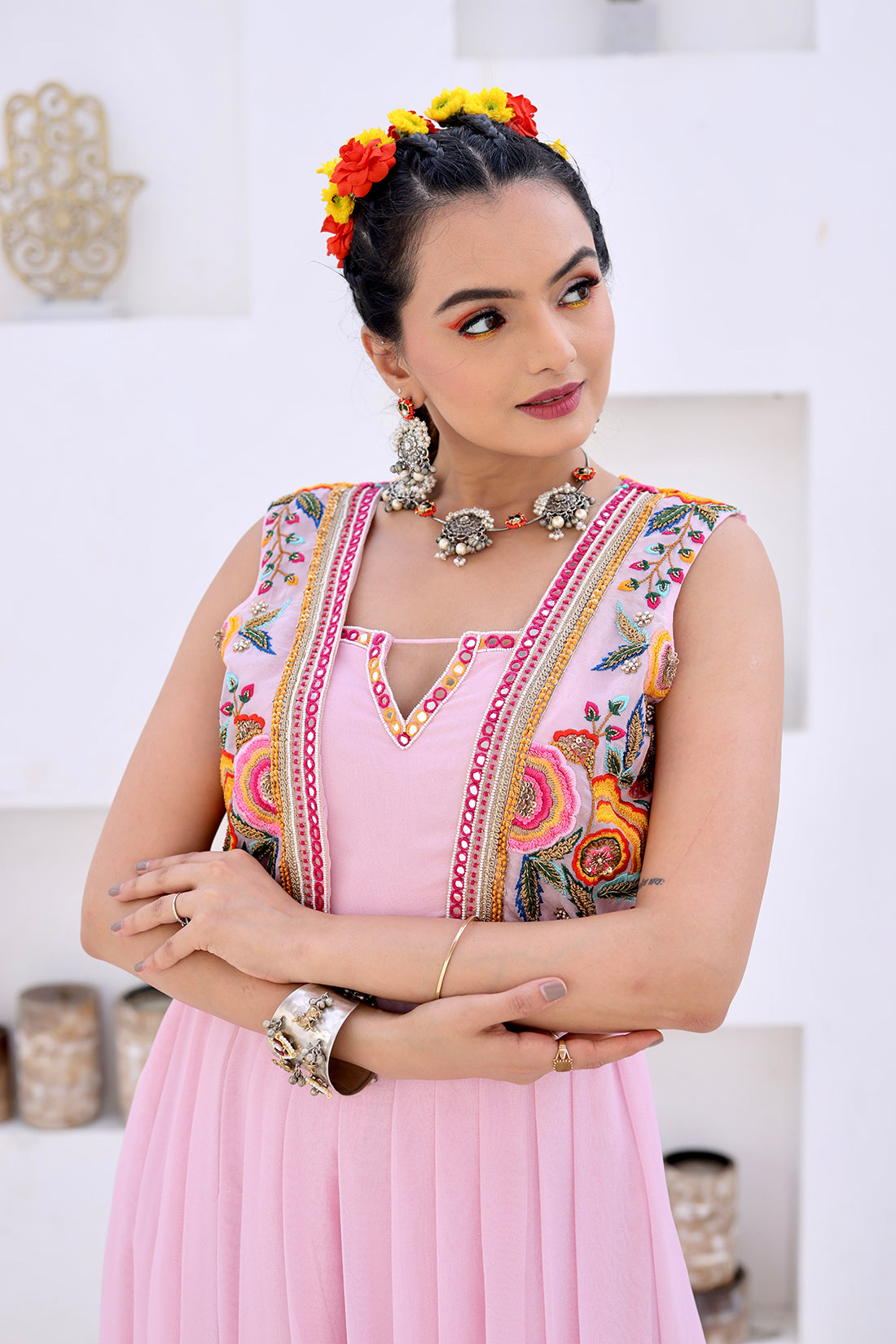 Baby Pink Printed Jumpsuit With Jacket