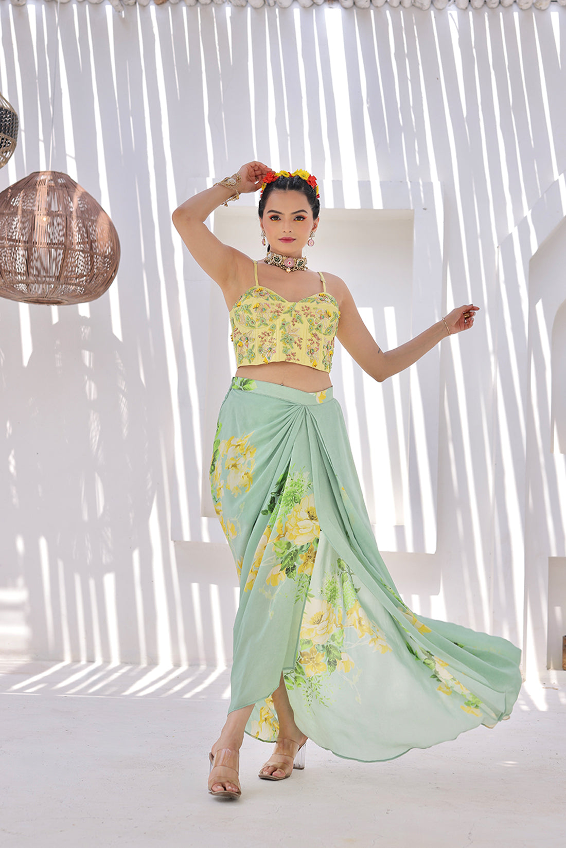 Elegant Pista Green Printed Draped Skirt With Corset