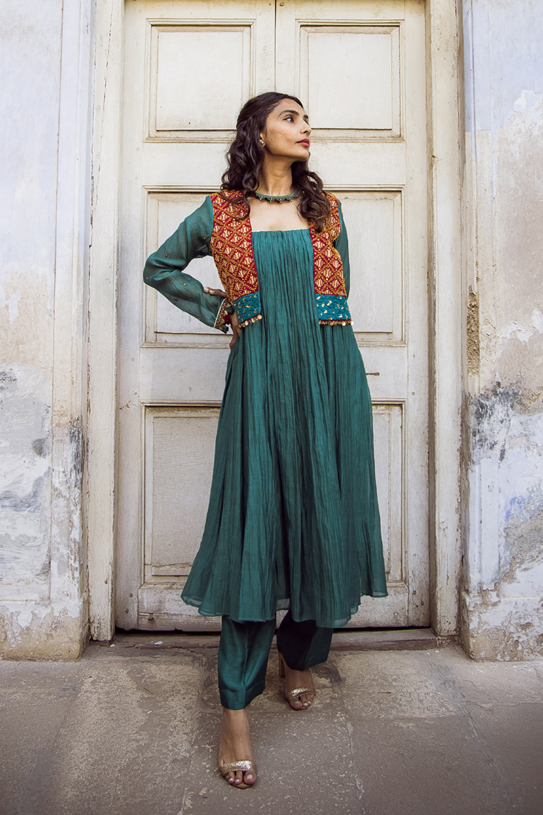 Deep Sea Green Attached Jacket Kurta Set