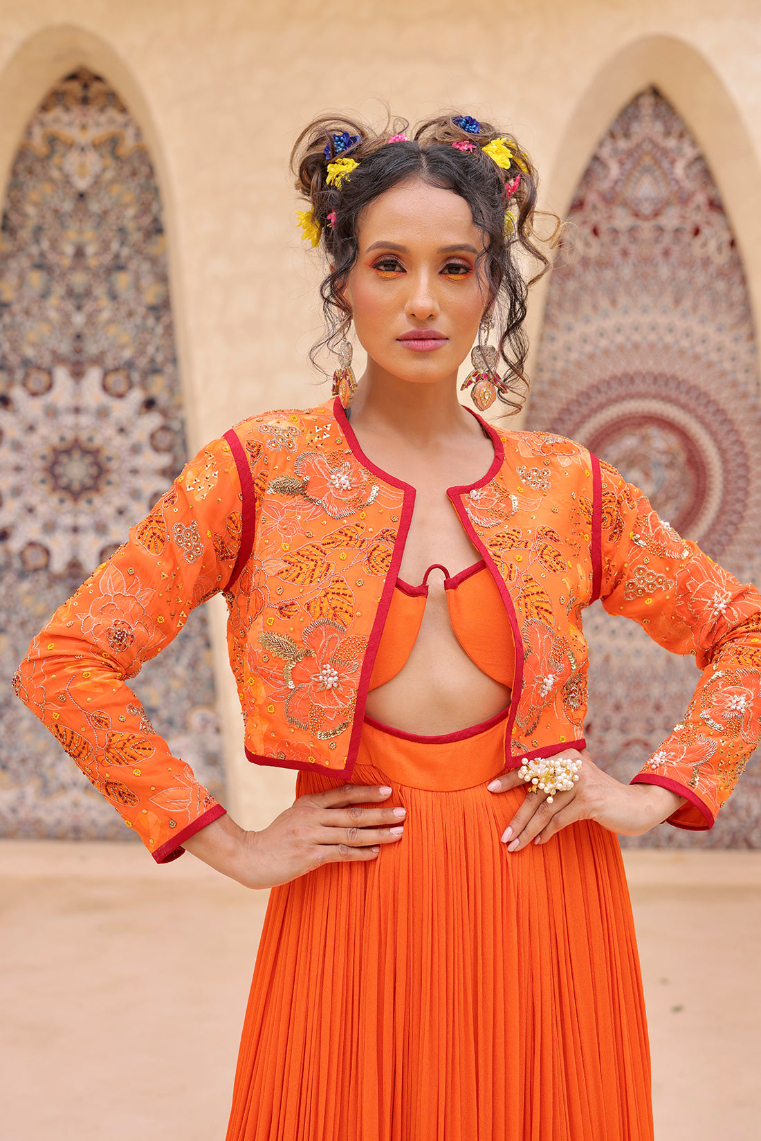 Orange Print Jacket With Gown