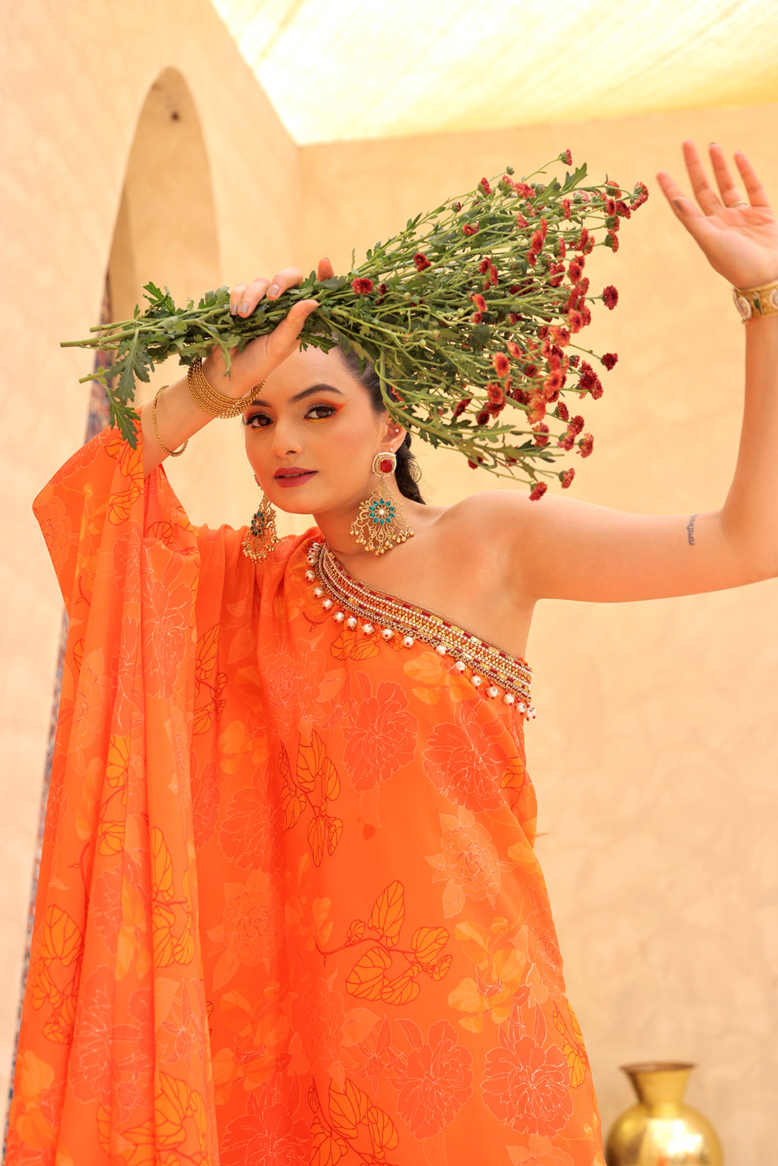 Off Shoulder Orange Print Kurta Set