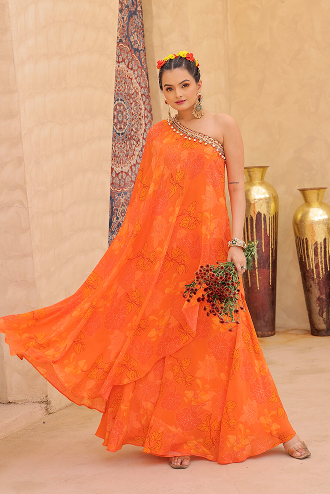 Off Shoulder Orange Print Kurta Set