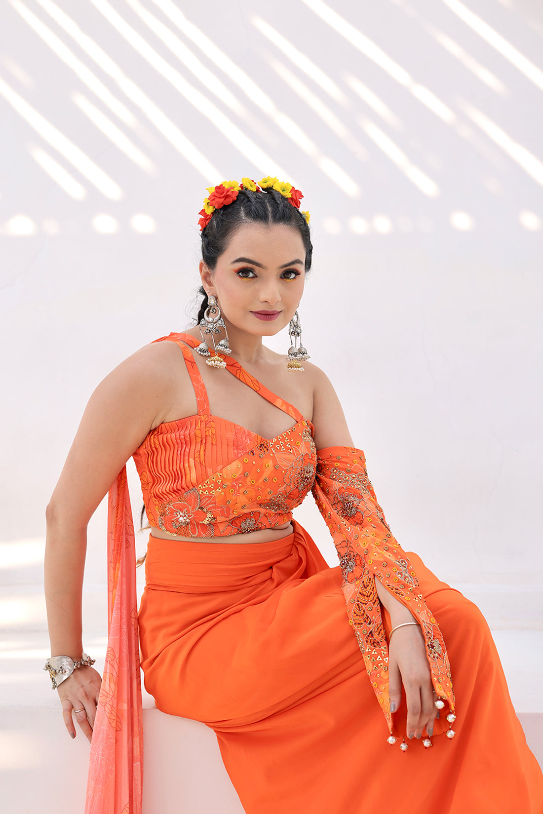 Orange Print Draped Skirt Set