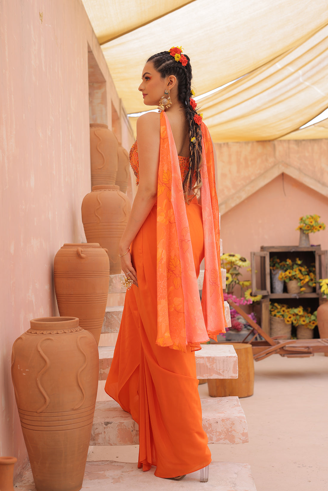 Orange Print Draped Skirt Set