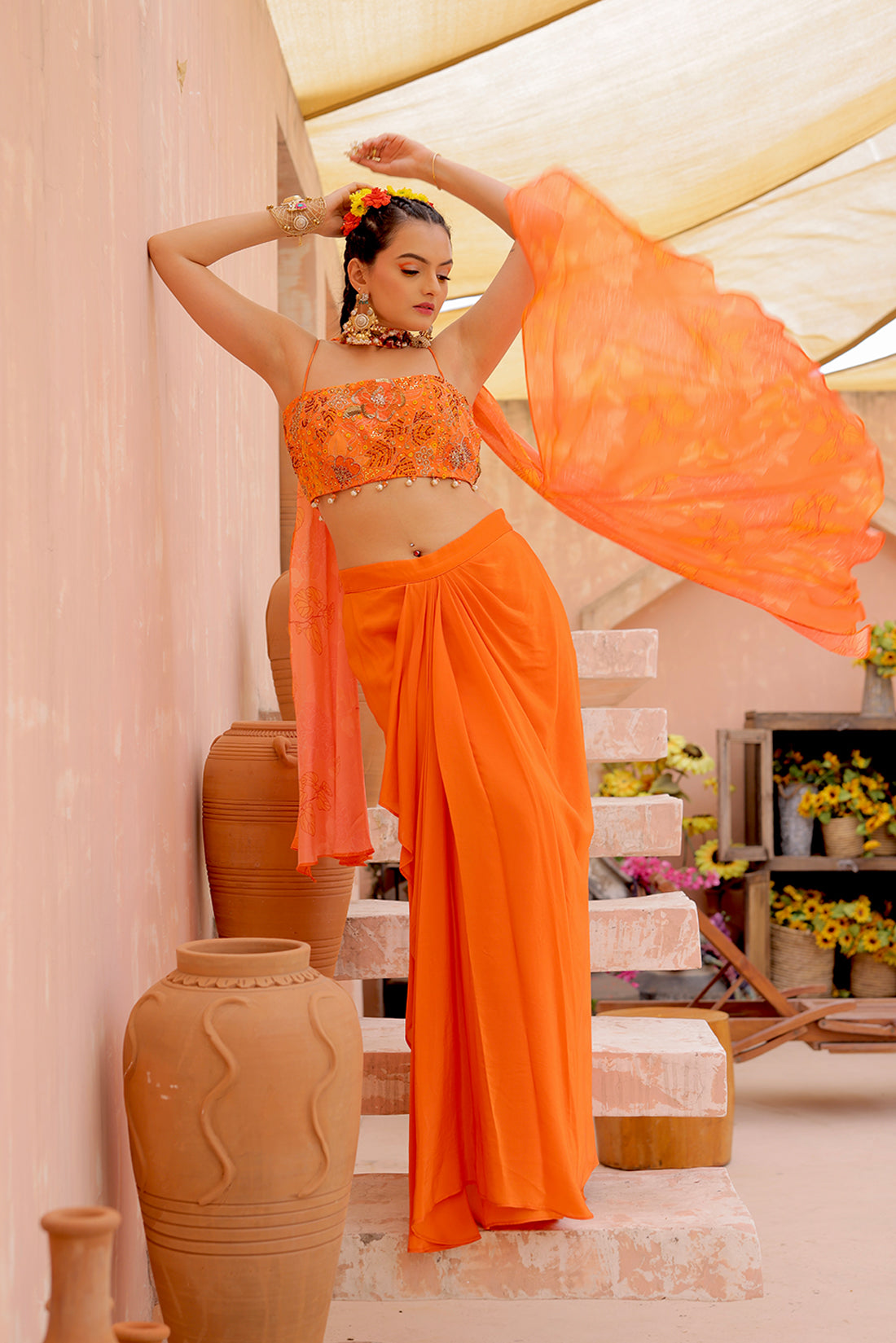 Orange Print Draped Skirt Set