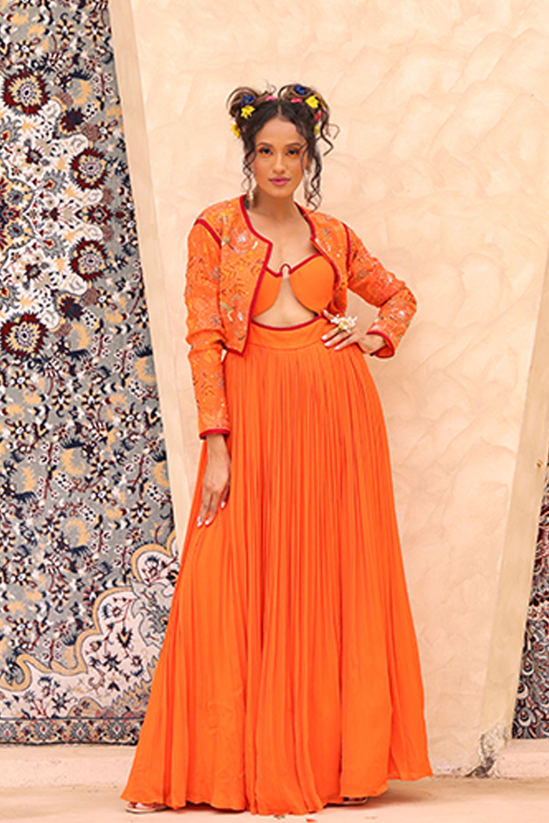Orange Print Jacket With Gown
