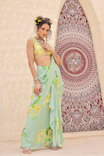 Elegant Pista Green Printed Draped Saree With Blouse