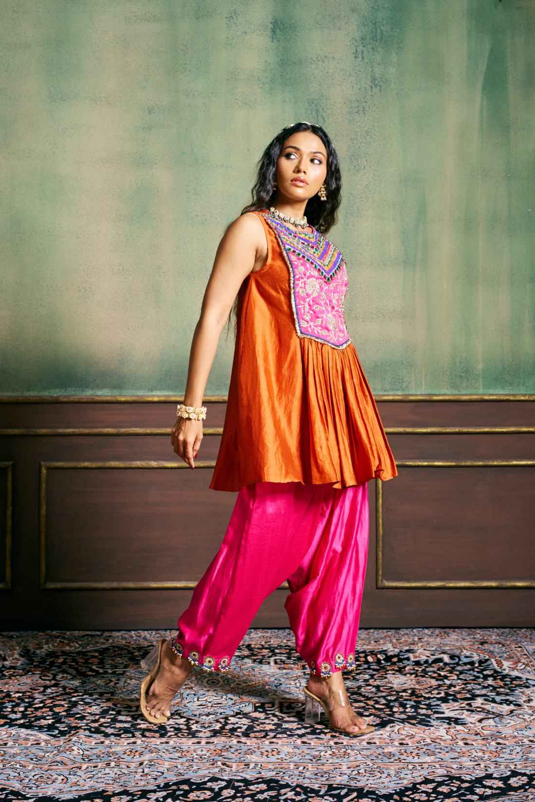 GULNAAR FUCHSIA PINK & RUST PEPLUM DHOTI SET